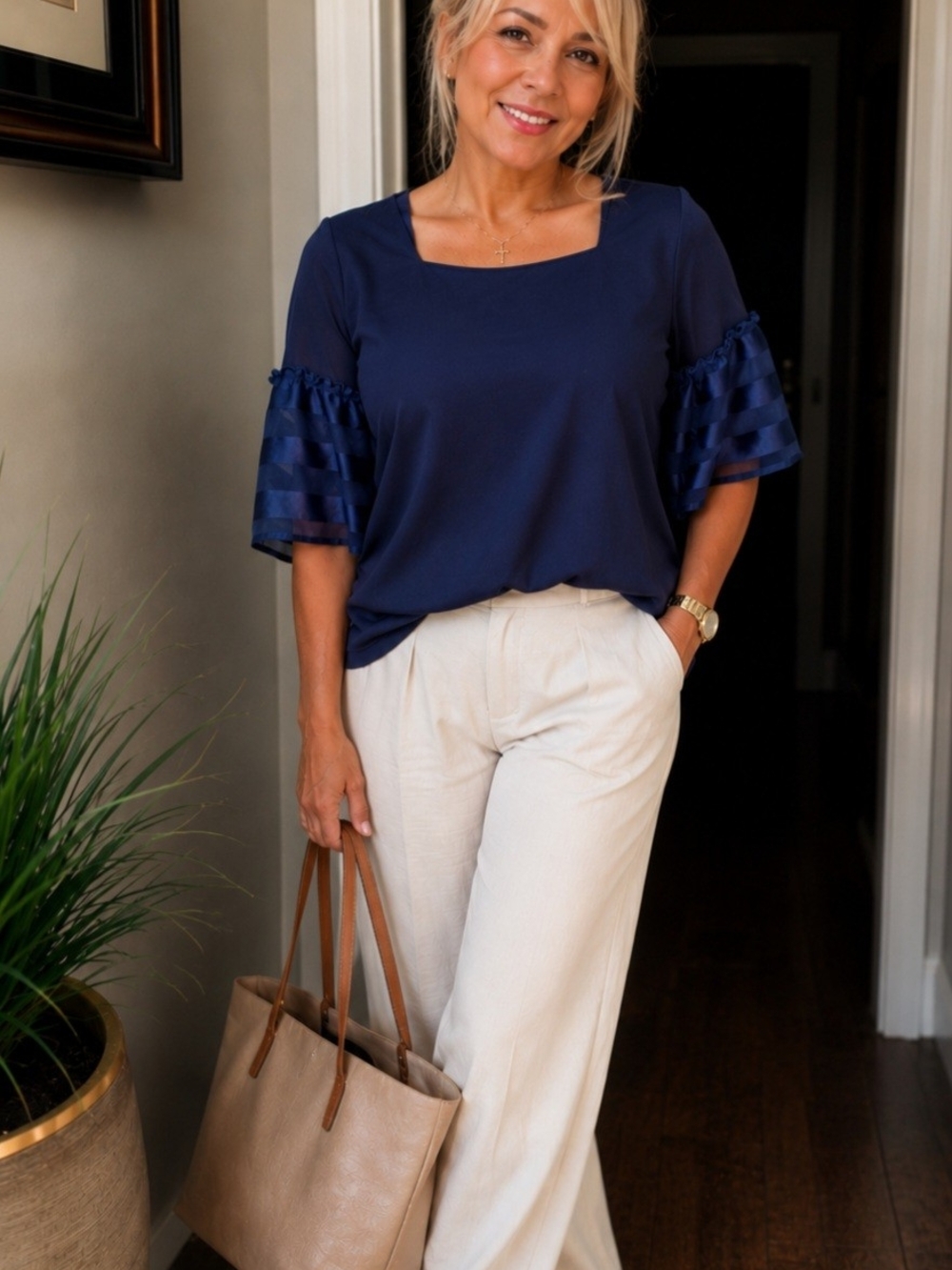 Dark Blue Bell Sleeve Blouse with Sheer Stripe Detail
